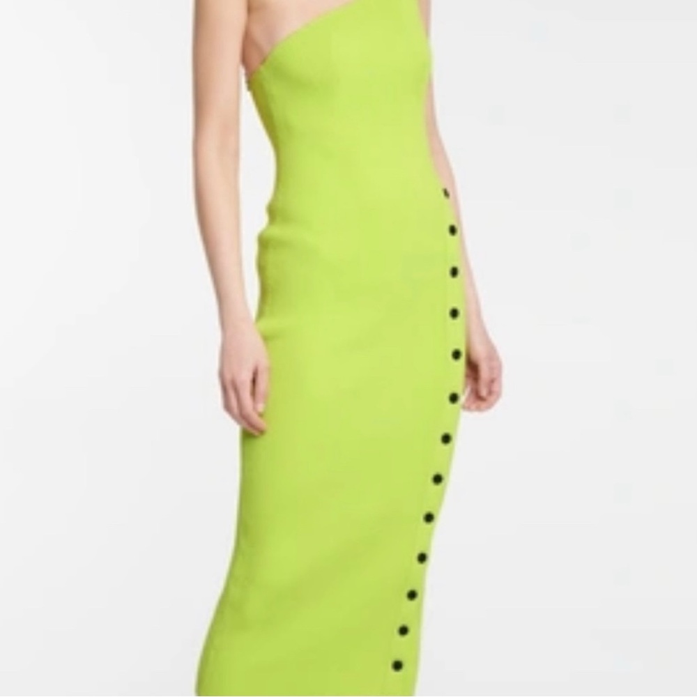 SELF PORTRAIT Lime Green one shoulder Dress with Button Detail